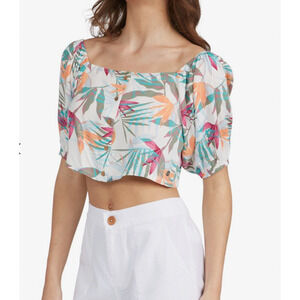 Roxy Pure Sugar Puff Sleeve Crop Top Shirt Size Small Tropical Floral Print